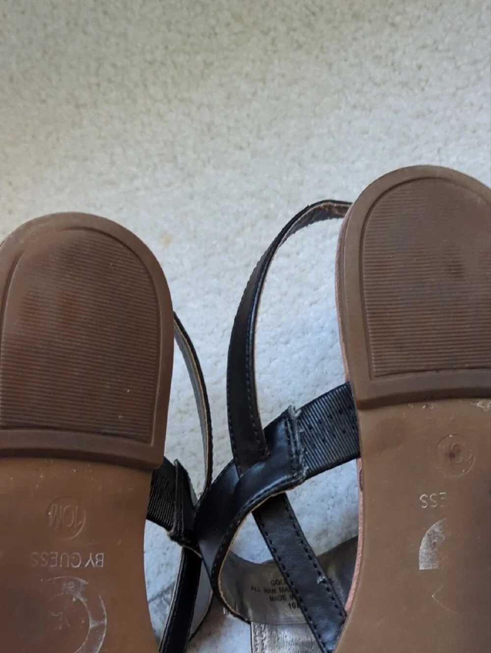 G by Guess Brown and Black T-Strap Sandals with G Hardware